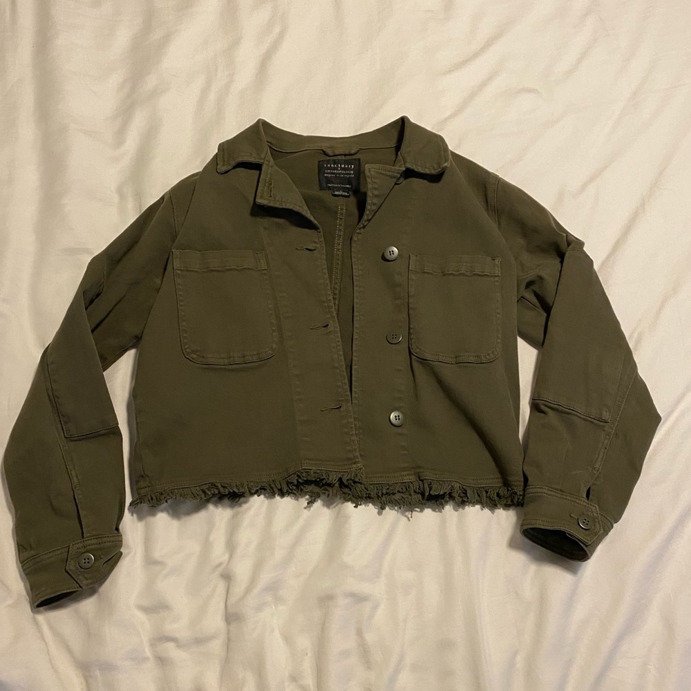 Anthropologie army green jacket with distressed bottom